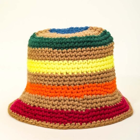 Rainbow Striped Crochet Knit Bucket Hat  Br - Picture 1 of 1